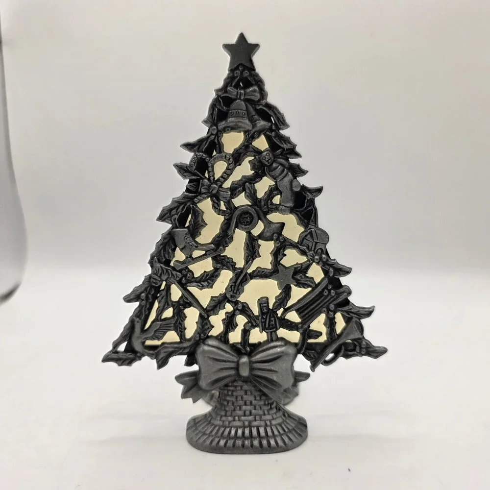 Vintage Pewter Tone Metal Christmas Tree Tea Light Candle Holder Nutcracker Star